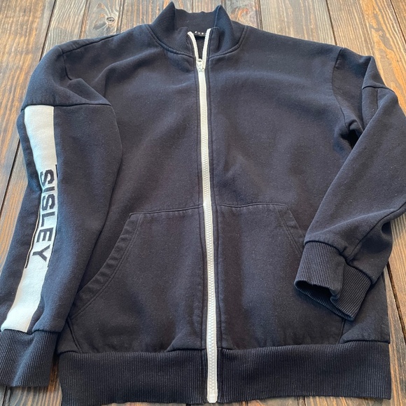SISLEY LOGO Sleeve Zip Sweatshirt Black White Zipper XS/S - Picture 1 of 5